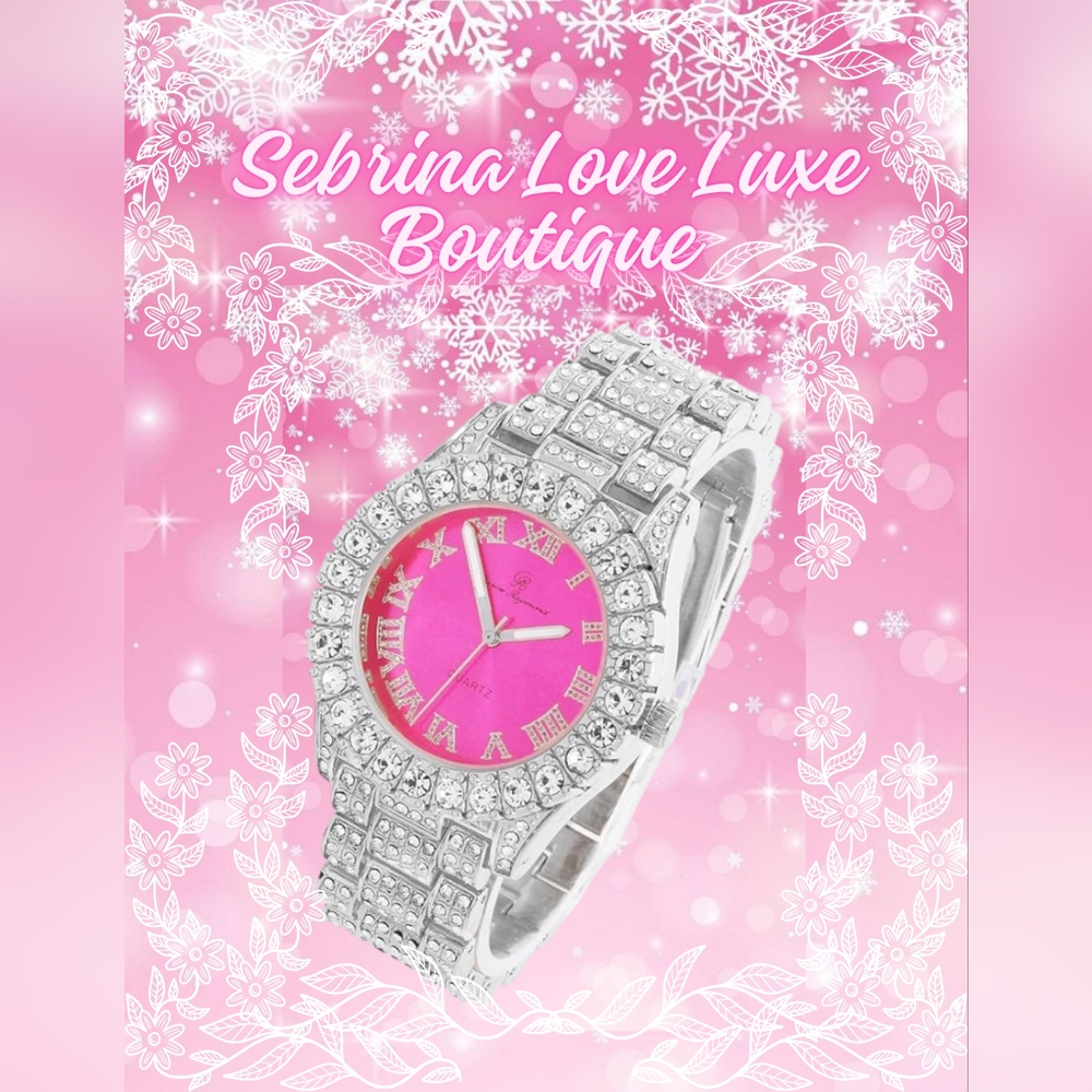 Beautiful Silver & Hot Pink Color Diamante Crystal Bling Watch